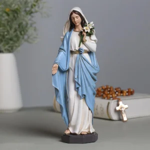 Side profile view of the Blessed Mother Mary Statue showing detailed hand-painted features and floral arrangement Wholesale 10-Inch Hand-Painted Resin Blessed Mother Mary Statue with Lily Bouquet