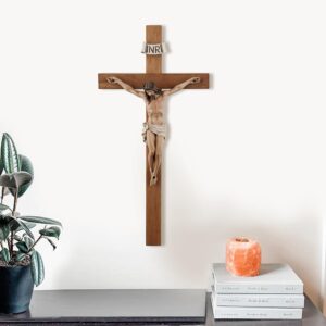 Grace4Joy 14 Inches Olive Wood Wall Crucifix - Hand-Carved Wooden Cross with Hand-Painted Resin Jesus Corpus for Catholic Home Decor