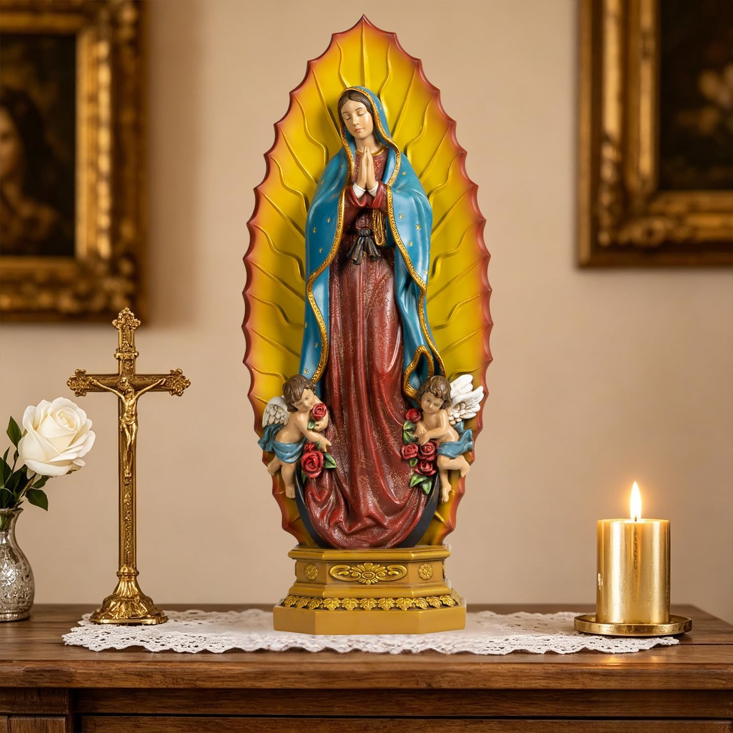 Grace4Joy 24 Inches Our Lady of Guadalupe Statue - Hand Painted Resin Virgen de Guadalupe with Angels Catholic Garden & Home Decor - Image 5