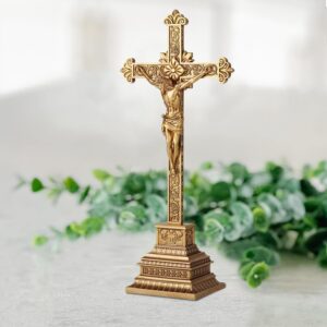 Grace4Joy 16 Inches Standing Crucifix - Hand-Painted Antiqued Resin Jesus Cross with Base for Catholic Home Table Decor & Wedding Altar