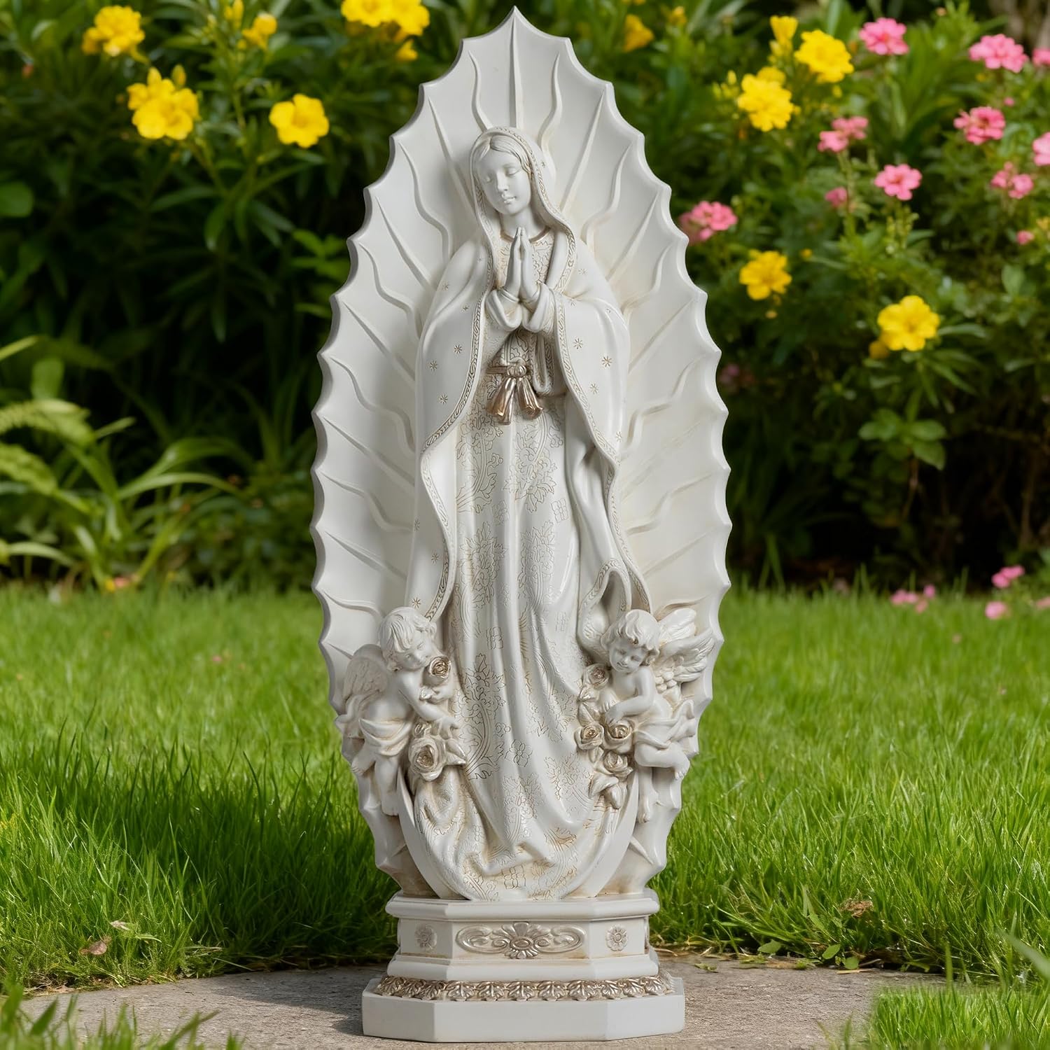 Grace4Joy 24 Inches Our Lady of Guadalupe Statue - Hand Painted Resin Virgen de Guadalupe with Angels Catholic Garden & Home Decor - Image 7