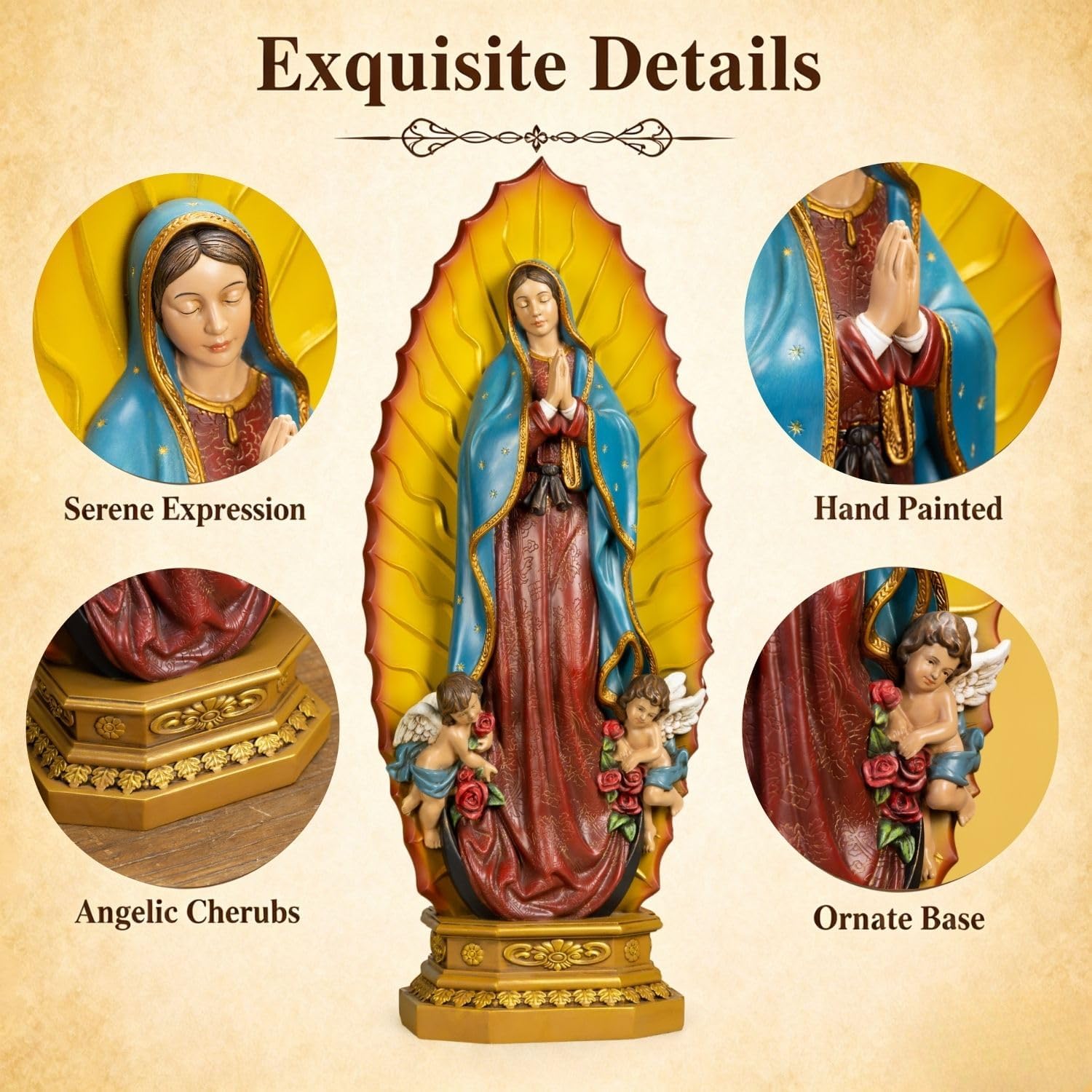 Grace4Joy 24 Inches Our Lady of Guadalupe Statue - Hand Painted Resin Virgen de Guadalupe with Angels Catholic Garden & Home Decor - Image 9